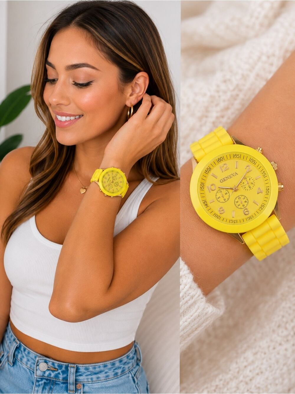 Geneva Neon Yellow Silicone Strap Fashion Watch Gold Tone Accents NWOT